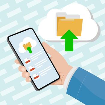 ilustración de un mano participación un teléfono inteligente subiendo un carpeta a nube almacenamiento, simbolizando datos respaldo, archivo sincronización, y móvil nube informática. vector