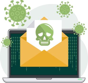ilustración de un ordenador portátil pantalla mostrando un abierto correo electrónico con un verde cráneo y virus iconos, simbolizando correo electrónico suplantación de identidad, malware infección, y ciber seguridad amenaza. vector
