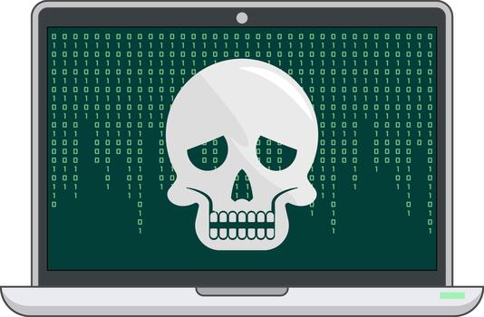 Illustration of a laptop screen displaying a skull symbol over green binary code, symbolizing cyber threat, virus infection, malware, or data hacking. vector