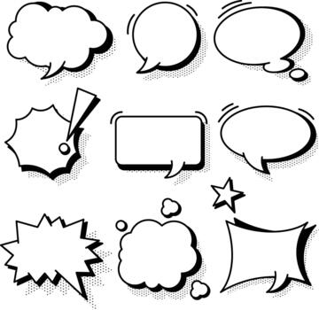 Set of comic speech bubbles, thought clouds, and explosion shapes with halftone shadow, symbolizing communication, conversation, and message pop-ups. vector