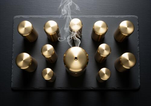 Elegant brass aromatherapy diffuser with smoke and golden cylinders on dark slate. photo