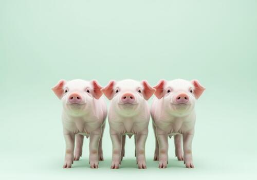 Three small light pink piglets standing together on a clean studio green background. photo