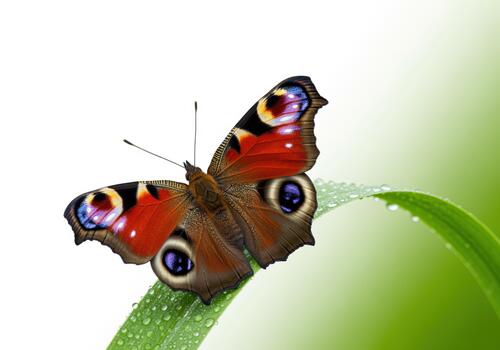 Vibrant peacock butterfly with eye spot patterns on green leaf with water droplets photo