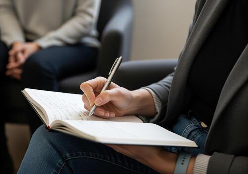Professional writing notes in a notebook during a counseling session photo
