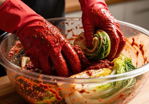 Hands in red gloves mixing napa cabbage with spicy paste to make traditional korean kimchi photo