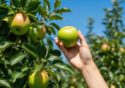 Hand picking a fresh green apple from a lush tree in a sunny orchard photo