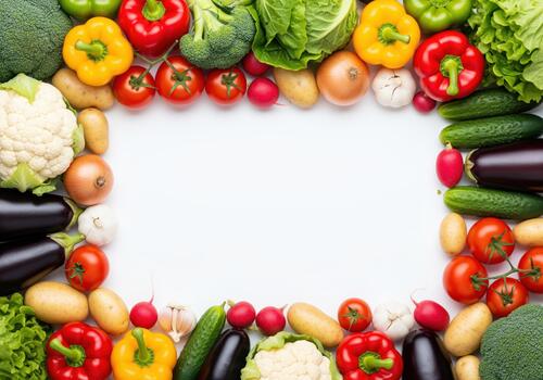 Vibrant fresh raw vegetables forming a colorful rectangular frame photo