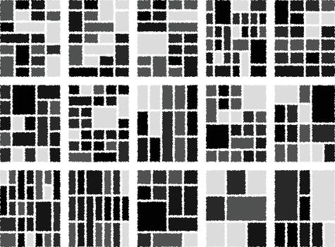Digital glitch pixel style bento grid design with colorful patterns vector
