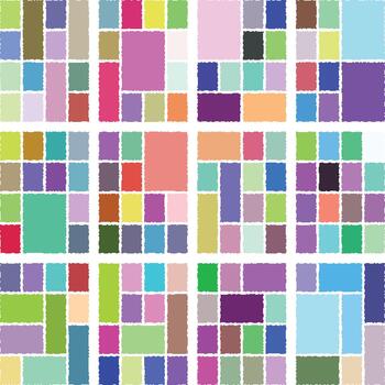 Abstract glitch pixel patterns arranged in artistic bento grid composition vector