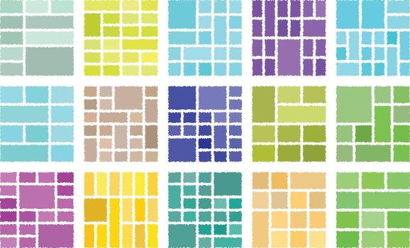 Creative artistic concept using glitch pixels arranged in bento grid composition vector