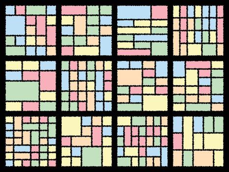 Digital glitch pixel experiments forming modern structured bento grid artwork vector