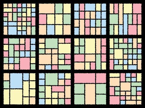Structured bento grid artwork enhanced by bold digital glitch pixel aesthetics vector