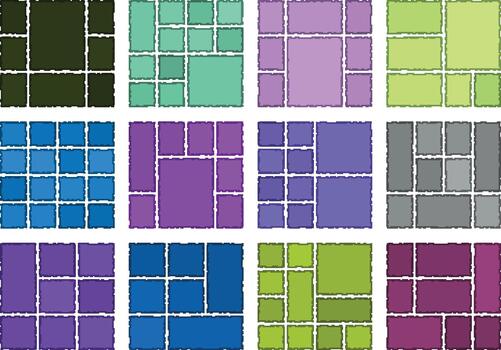 Futuristic glitch pixel effects arranged into clean minimal bento grid structure vector