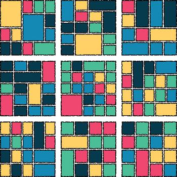 Colorful glitch pixel digital patterns forming structured modern bento grid artwork vector