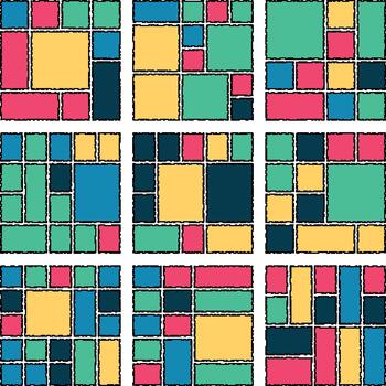 Creative Glitch Pixel Style Bento Grid Layout With Futuristic Digital Art Elements vector