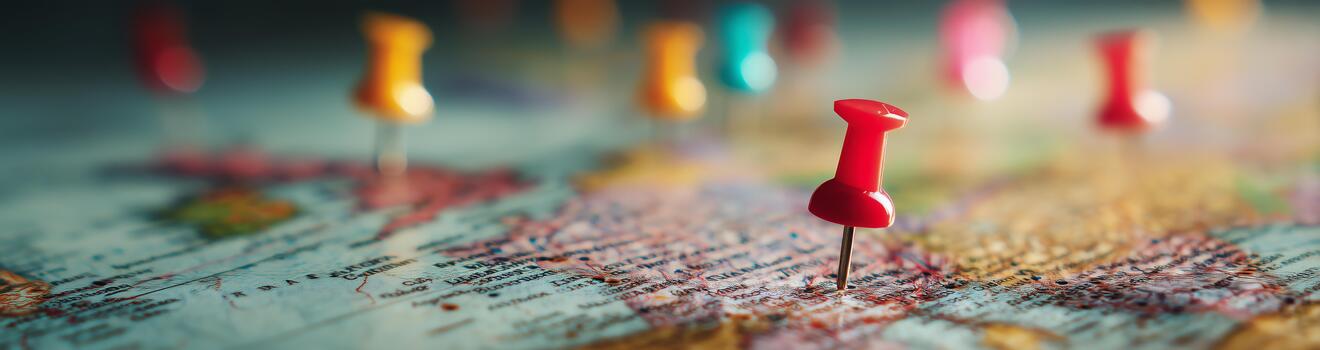 Map With Push Pins Marking Locations in Vibrant Colors for Travel Planning. photo
