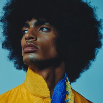 Stylish Model With Curly Hair Wears Bright Jacket While Looking Confidently off to the Side photo