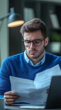 Young Man Reviewing Documents While Working on Laptop in Modern Indoor Workspace. photo