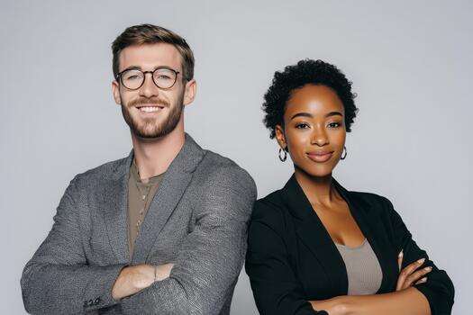 Friends Smiling Confidently While Posing Together in a Light Studio Setting. photo