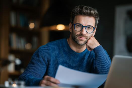 Thoughtful Man Reflecting While Reviewing Documents in a Cozy Workspace During Evening Hours. photo