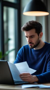 Young Man Reviewing Documents While Working on Laptop in Modern Indoor Workspace photo