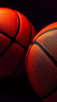 Two Basketballs Close Together on a Dark Background in a Sports Setting. photo