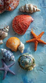 Colorful Seashells and Starfish Arranged on a Blue Background in a Coastal Setting. photo