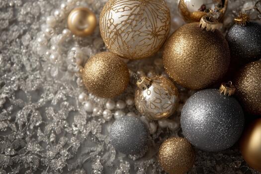 Elegant Holiday Ornaments in a Cozy Setting With Blurred Lights in the Background. photo