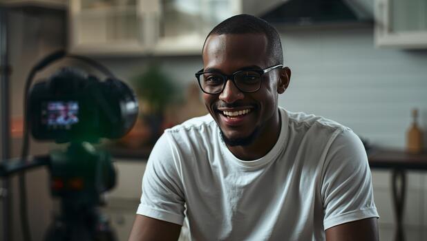 Man Smiling at Camera With Tripod in Home Setting During Evening Hours. photo