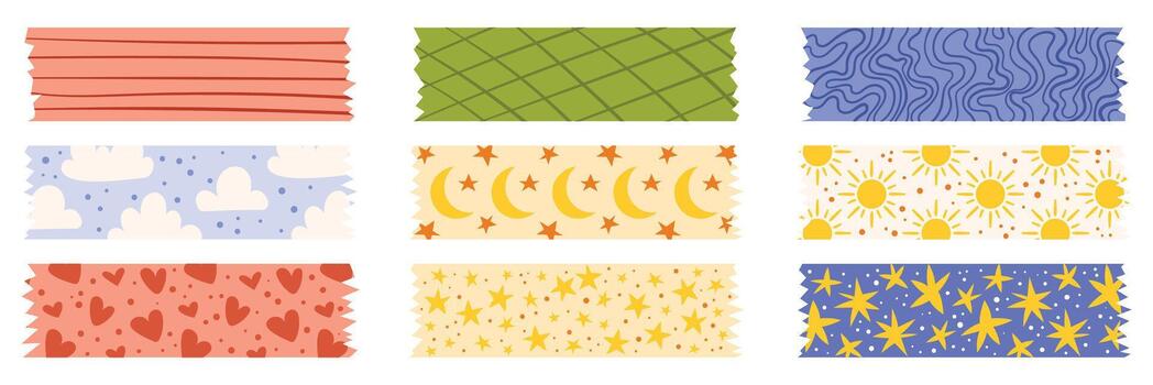 Set Of Decorative Tape With An Assortment Of Vibrant Colors And Playful Designs That Adds A Touch Of Creativity vector