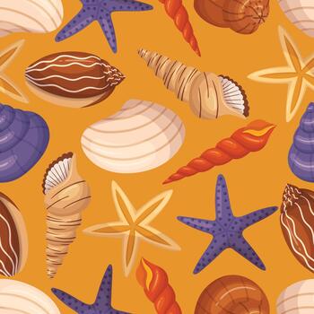 Seamless Pattern With Seashells And Starfishes In Vibrant Colors, Creating Playful And Charming Marine-themed Design vector