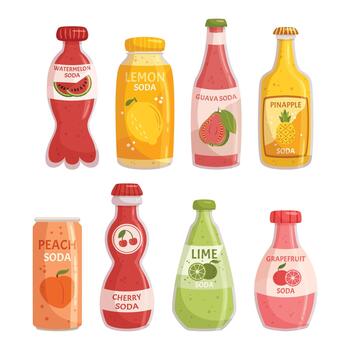 Refreshing Set Of Lemonade Bottles, Perfect For A Summer Day. Featuring Vibrant Colors And Labels, Illustration vector