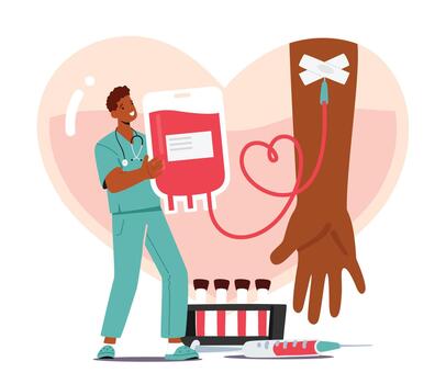 Doctor Character Collect Donated Blood into Plastic Bag. Process Of Donating Involves Screening, Testing And Collection vector