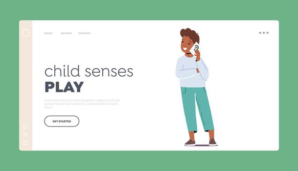 Child Senses Play Landing Page Template. Little Boy Character Stands With A Card Displaying A Drawing Of An Ear vector