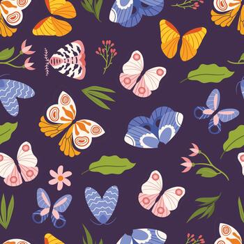 Seamless Pattern with Butterflies, Moths and Flowers Creating An Enchanting And Naturalistic Background Design vector