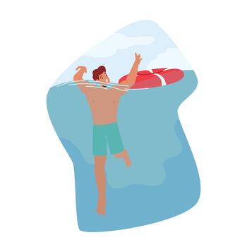 Struggling Man Character Submerging In Water With Arms Raised In Desperation. Danger And Urgency Of Drowning vector