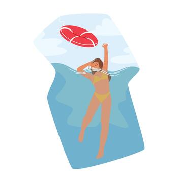 Female Character Drowning Trying to Keep Breath and Arm Flailing In Desperation. Image Highlights The Danger Of Water vector