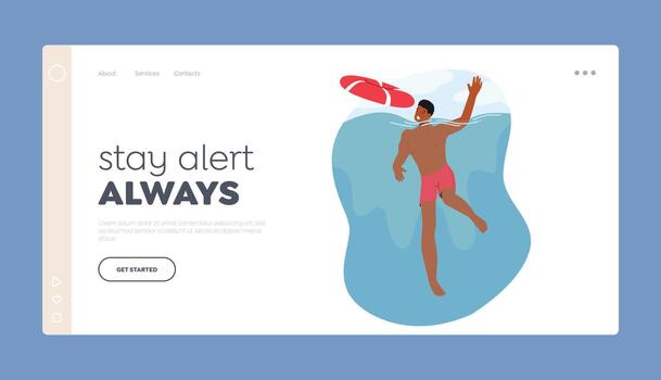 Swimming Alert Landing Page Template. Man Character Drowning In Water With Hands Flailing In Panic vector