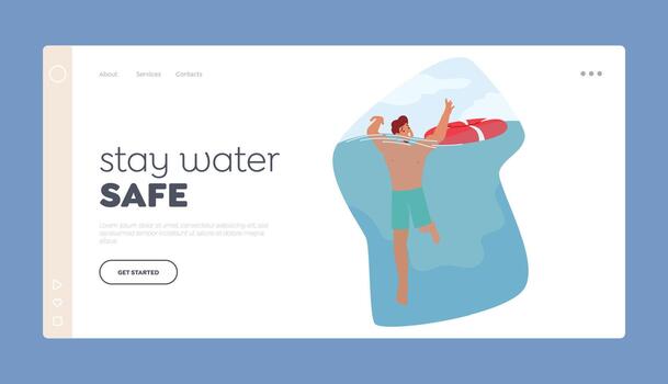 Water Safety Landing Page Template. Struggling Man Character Submerging In Water With Arms Raised In Desperation vector