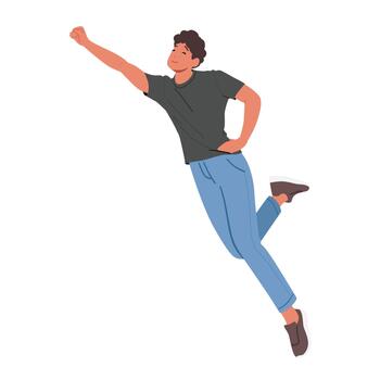 Male Character In Flight, Hovering Effortlessly Above The Ground Below, With Extended Arm And Serene Expression On Face vector