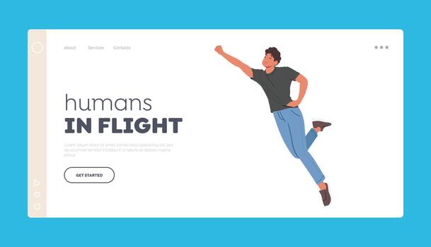 Male Character In Flight Landing Page Template. Man Hovering Above The Ground With Extended Arm And Serene Expression vector