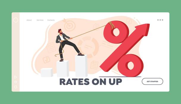 Interest Rate On Up Landing Page Template. Business Man Character Stands Atop A Column Chart And Pulls Up Percent Sign vector