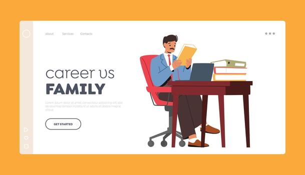 Career Vs Family Landing Page Template. Busy Man Character Seated At An Office Desk Surrounded By Papers, Using Computer vector