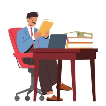 Busy Man Character Seated At An Office Desk Surrounded By Papers, Using A Computer. Daily Routine Of Working In Office vector