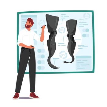 Man Explains Leg Prosthesis Options, Including Surgical, Mechanical, And Computerized, To Improve Mobility And Quality vector