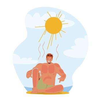 Man Grimacing In Pain From Sunburn On Beach, Red And Inflamed Skin, Seeking Relief And Shade From The Scorching Sun vector