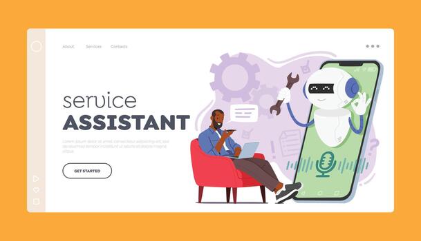 Service Assistant Landing Page Template. Male Customer Character Use Chatbot Service For Instant Support And Solutions vector