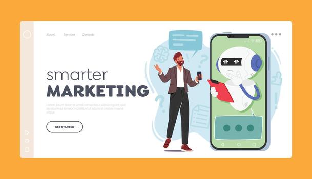 Smarter Marketing Landing Page Template. Man Character Utilizes Chatbot For Technical Support, Hassle-free Technology vector