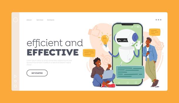 Efficient and Effective Landing Page Template. Characters Interact With Chatbot Service Through Smartphone vector