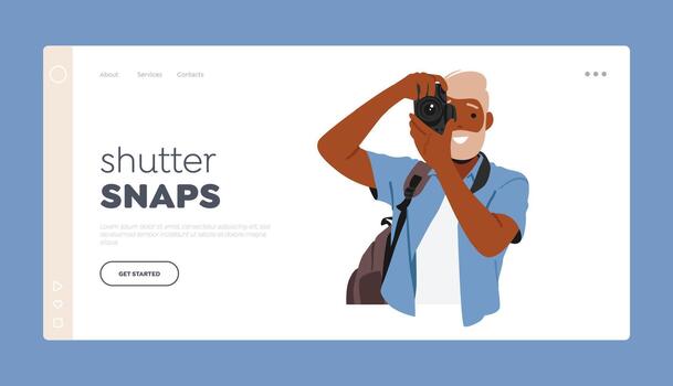 obturador chasquidos aterrizaje página modelo. maduro hombre personaje capturar momentos con cámara, enmarcado disparos con precisión vector